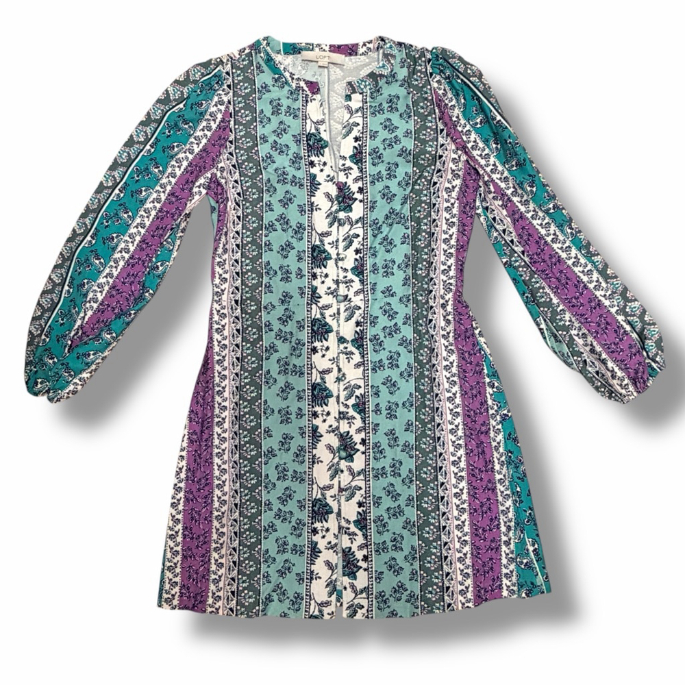 LOFT Floral Boho Shift Dress Size 4 Teal Purple Long Sleeve Button Front